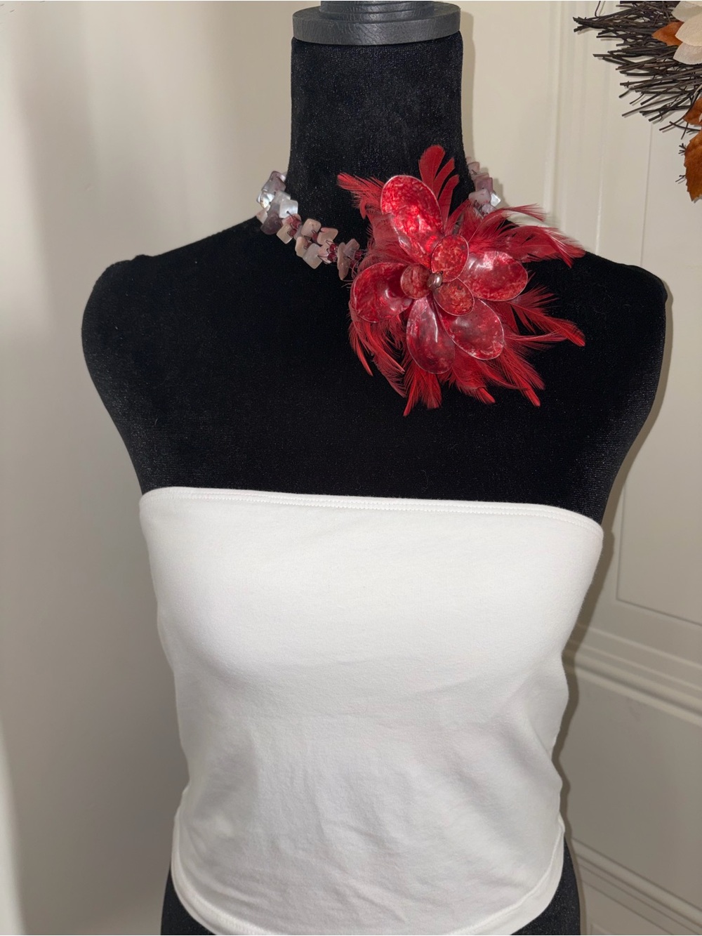 Red Feather Flower Statement Necklace - Women's Accessories